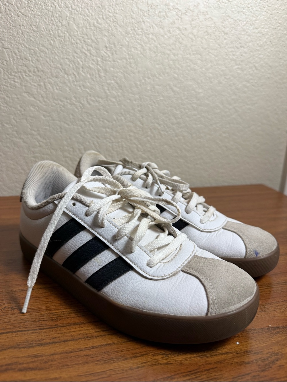 adidas White Sneakers with Black Stripes and Tan Accents